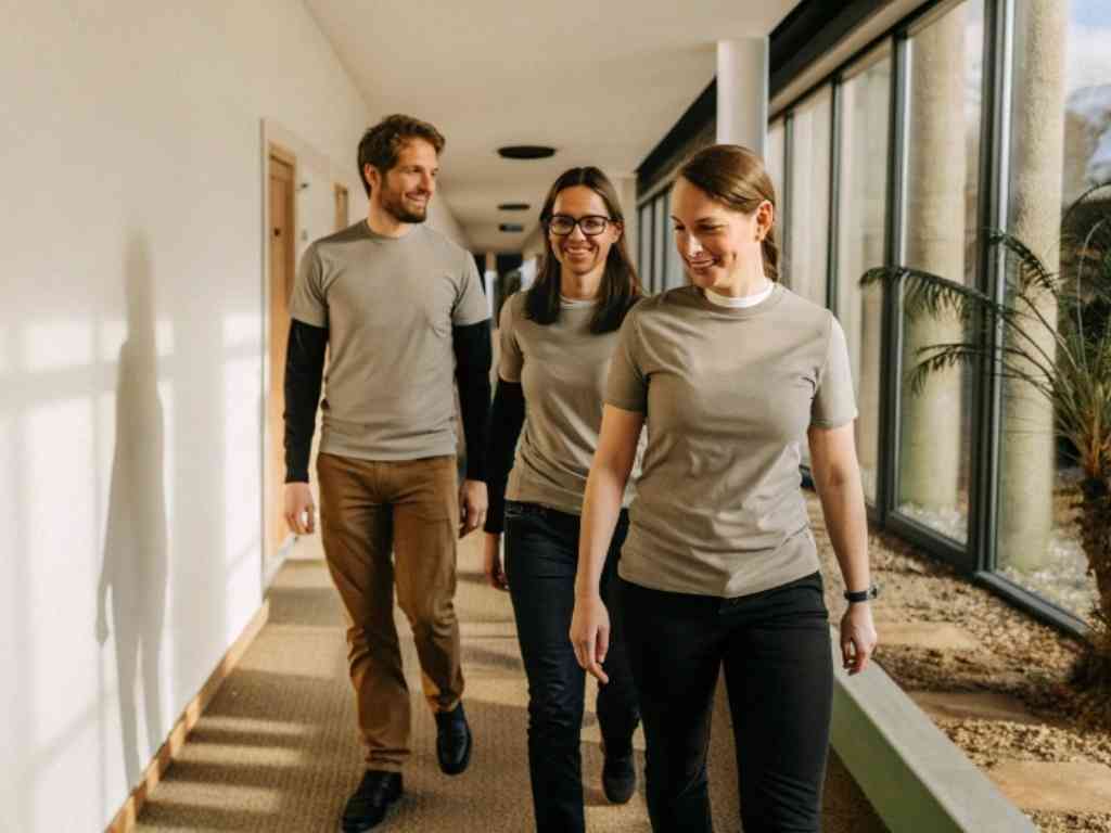 Team walking indoors in matching gray t-shirts and black sleeves