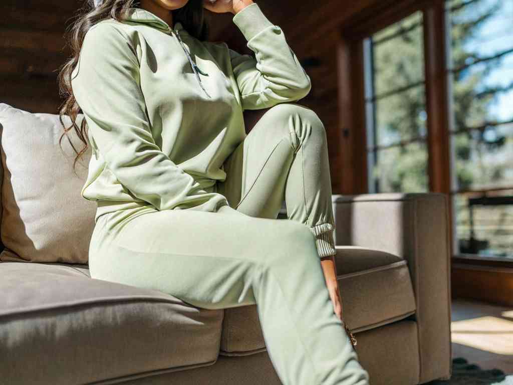 Woman in light green jogger set relaxing on sofa in sunlit room
