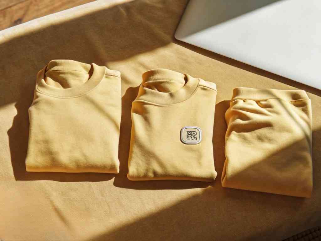 Flat lay of folded yellow sweatshirts and pants with a custom patch