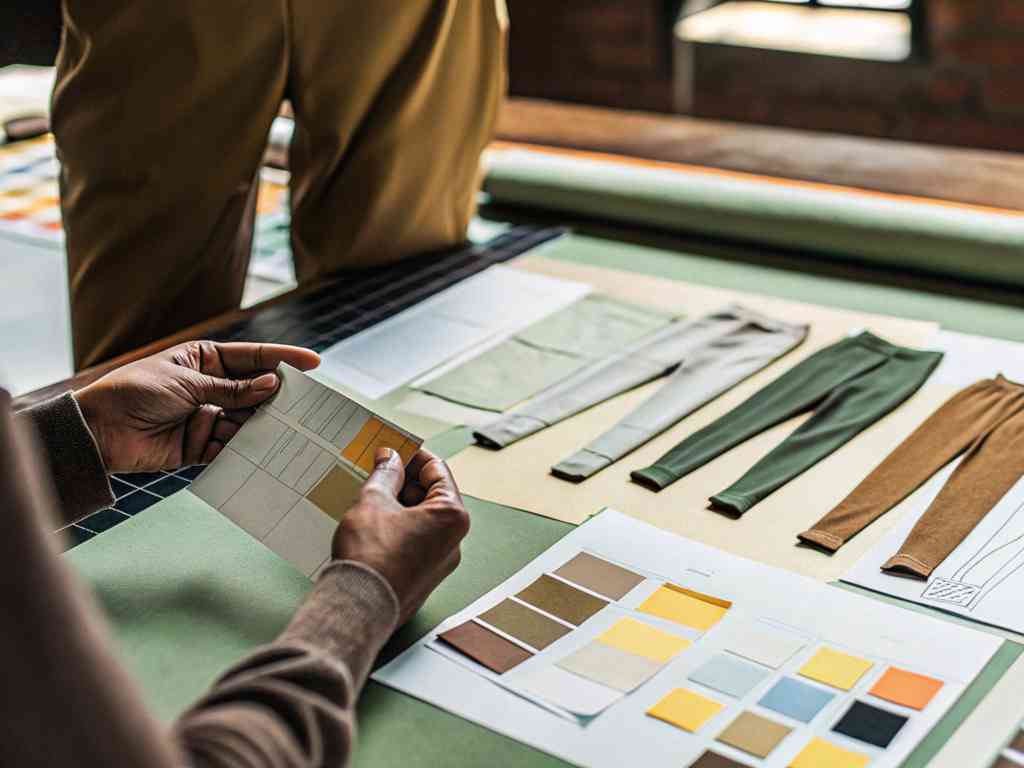 Fashion designer reviewing color swatches and athleisure sketches