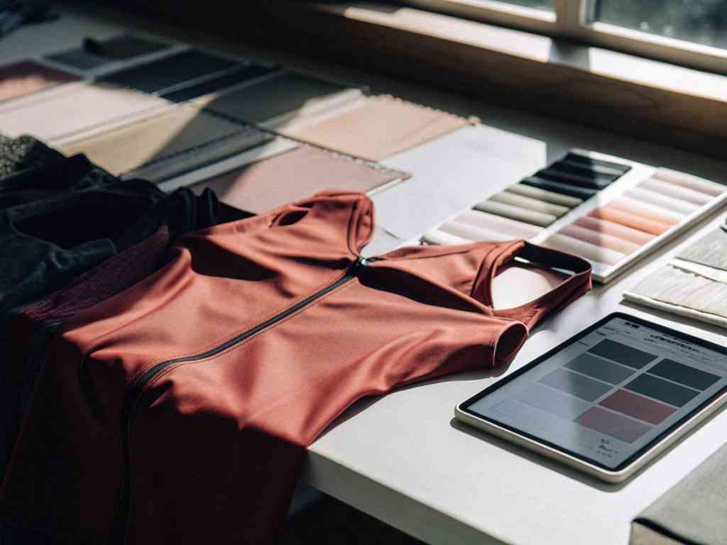 Red athletic wear and fabric swatches on a fashion designer’s workspace.