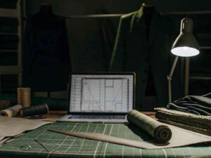 Fashion designer’s desk with laptop, green fabric, and pattern tools
