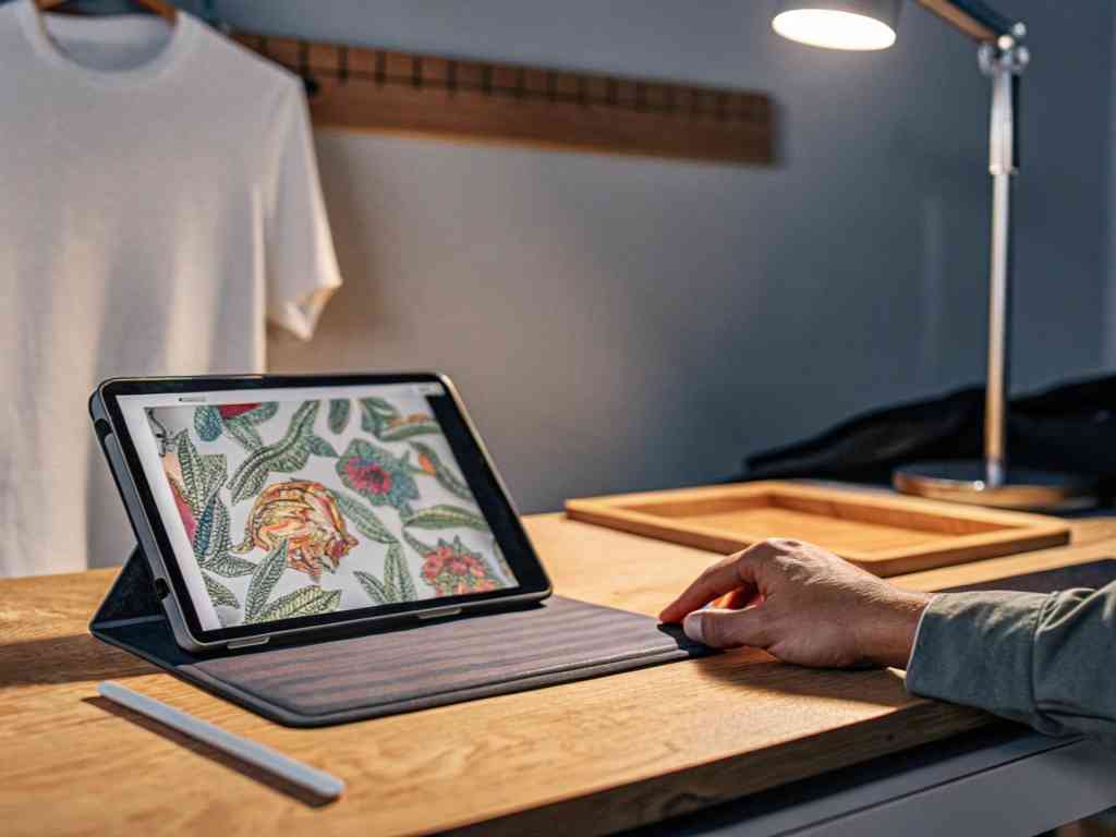 Person viewing botanical design on tablet next to blank white shirt
