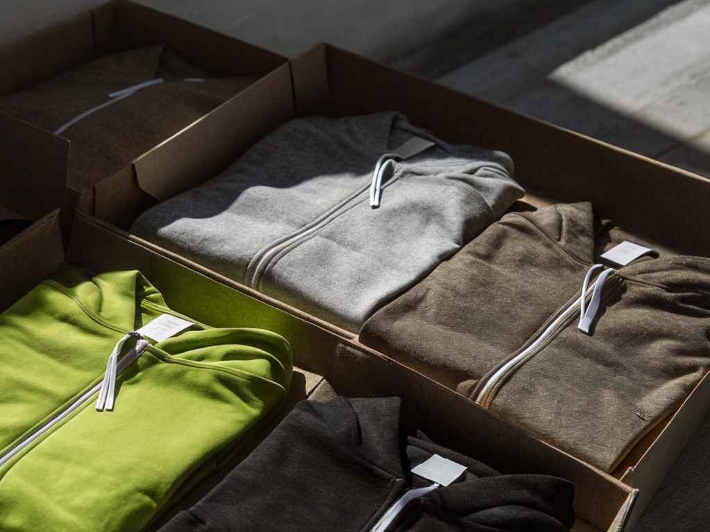 Folded hoodies in green, gray, black, and brown tones arranged in cardboard boxes.