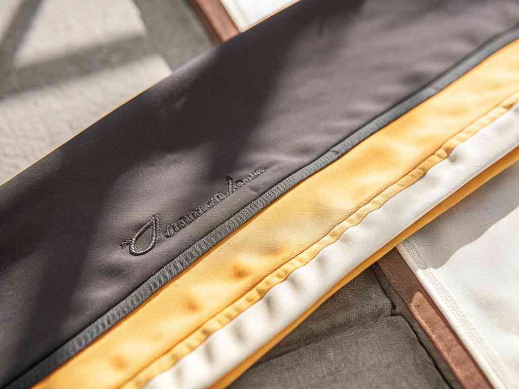 Close-up of embroidered fabric samples in yellow, cream, and gray