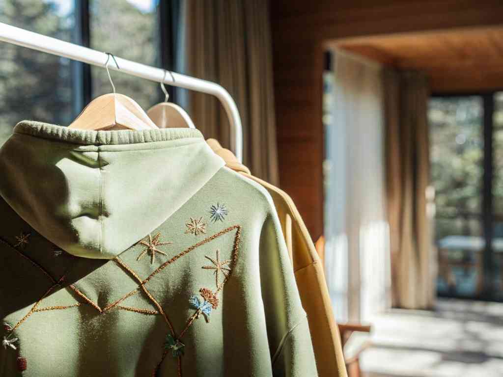 Green hoodie with floral embroidery on clothing rack