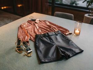 Black leather shorts styled with sequin blouse and heels on candlelit table.