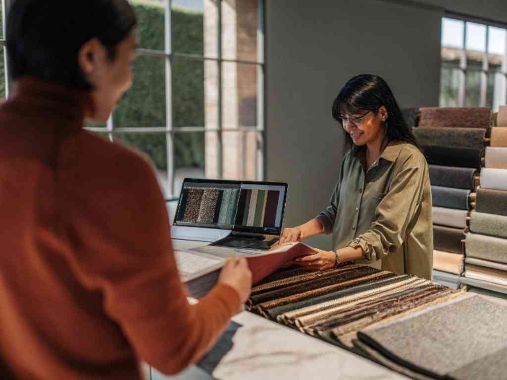 Two women discussing textile options at a bright fabric showroom counter.