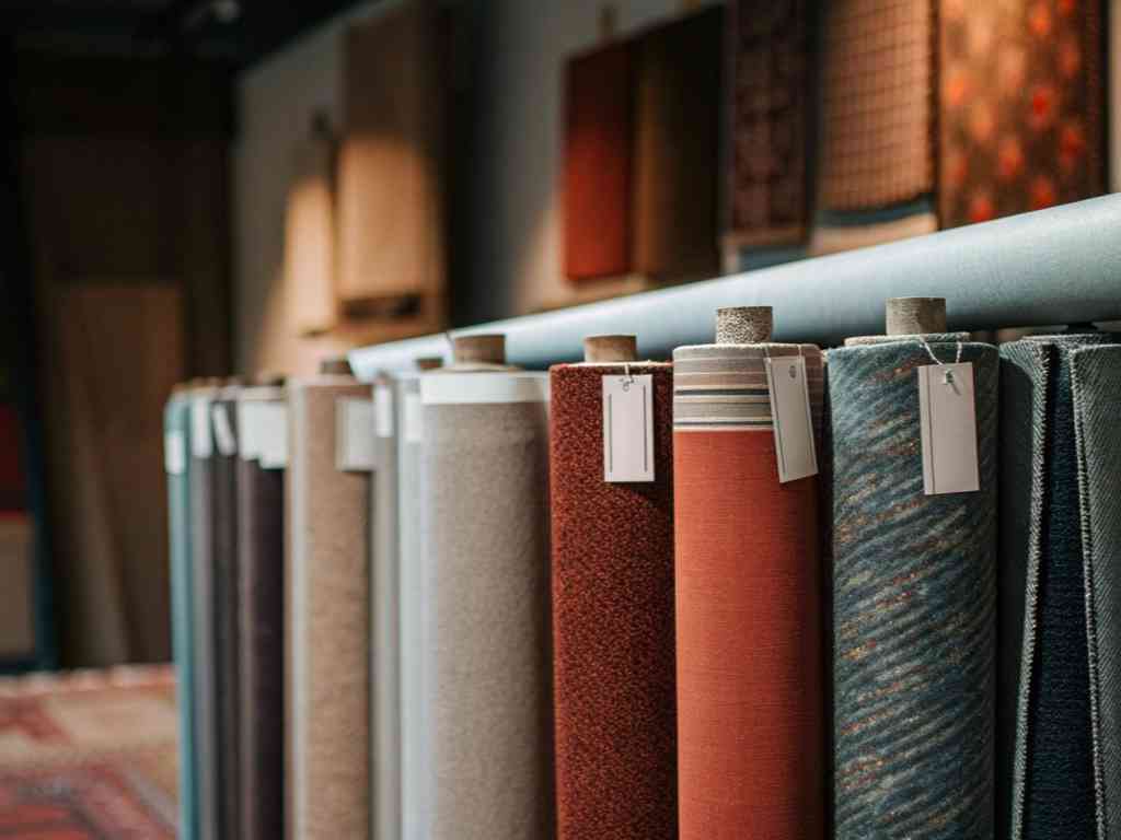 Rolls of colorful textile fabric displayed in showroom with tags