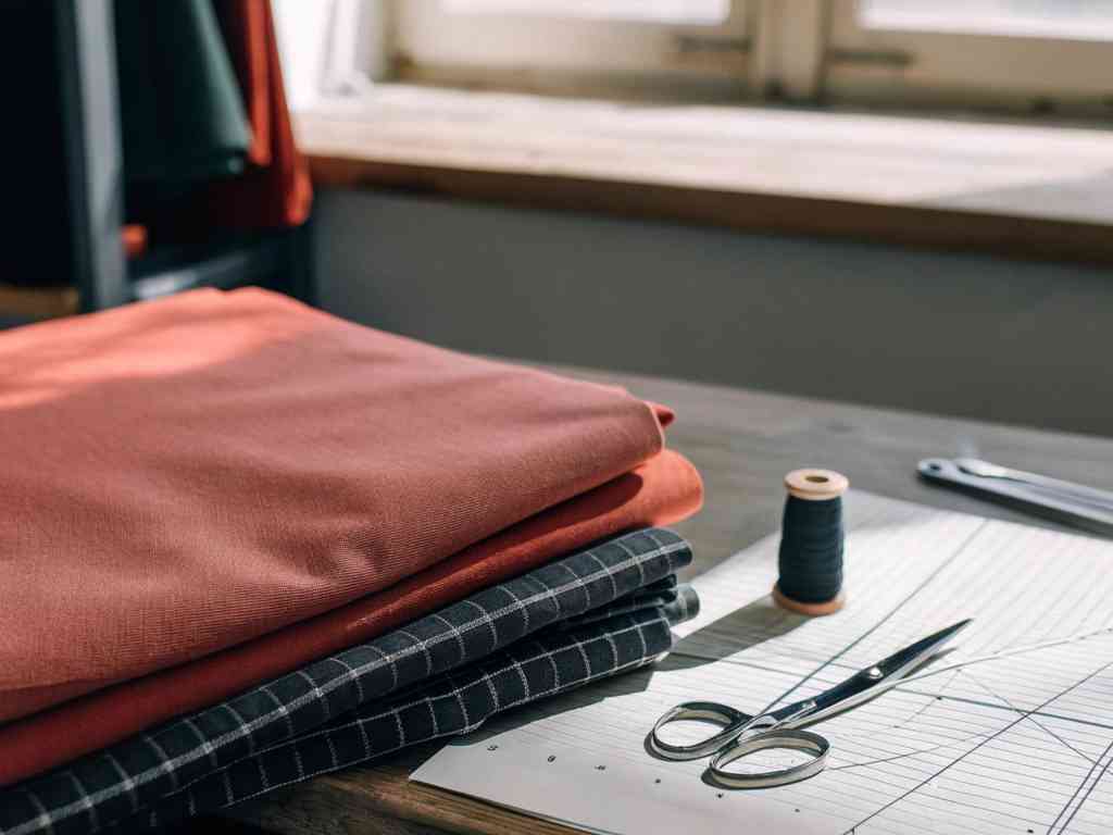 Folded fabrics and sewing tools on wooden table by window