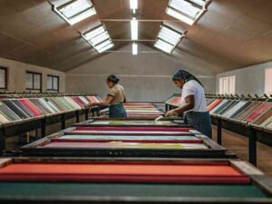 Workers screen printing fabrics on long tables inside a large production room.