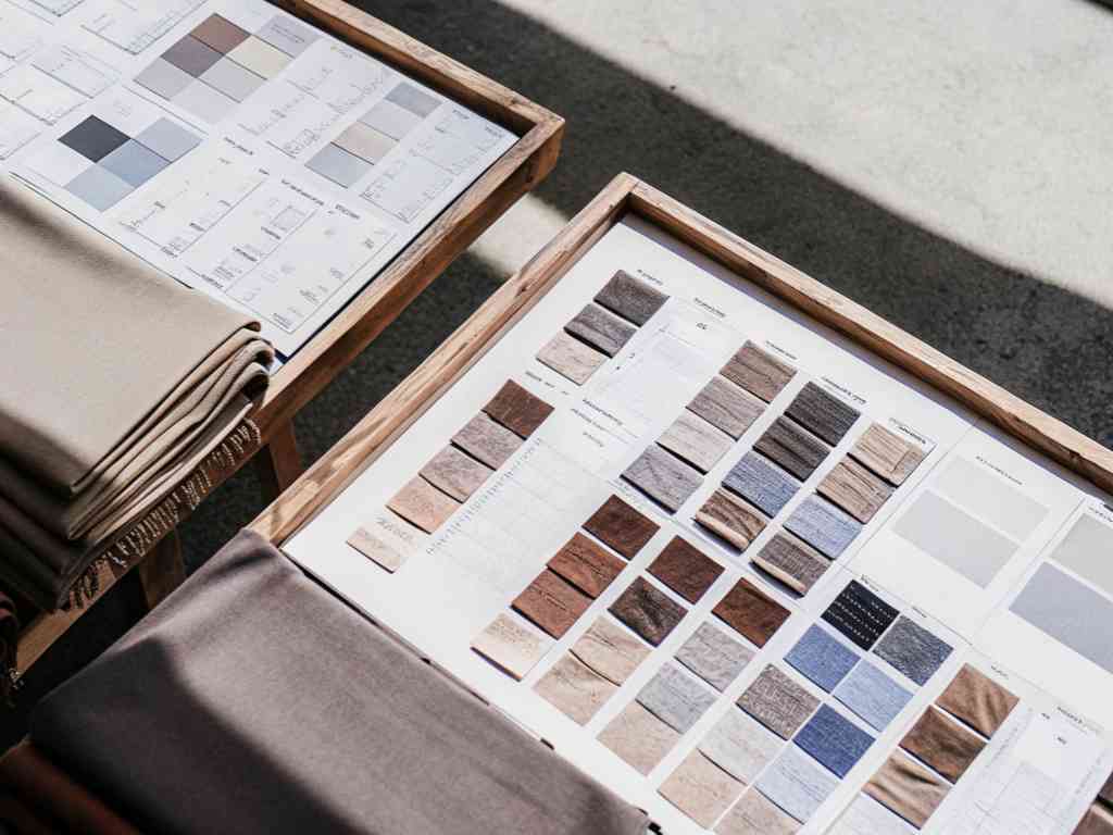 Color and fabric swatch boards with folded textile samples on display tables.