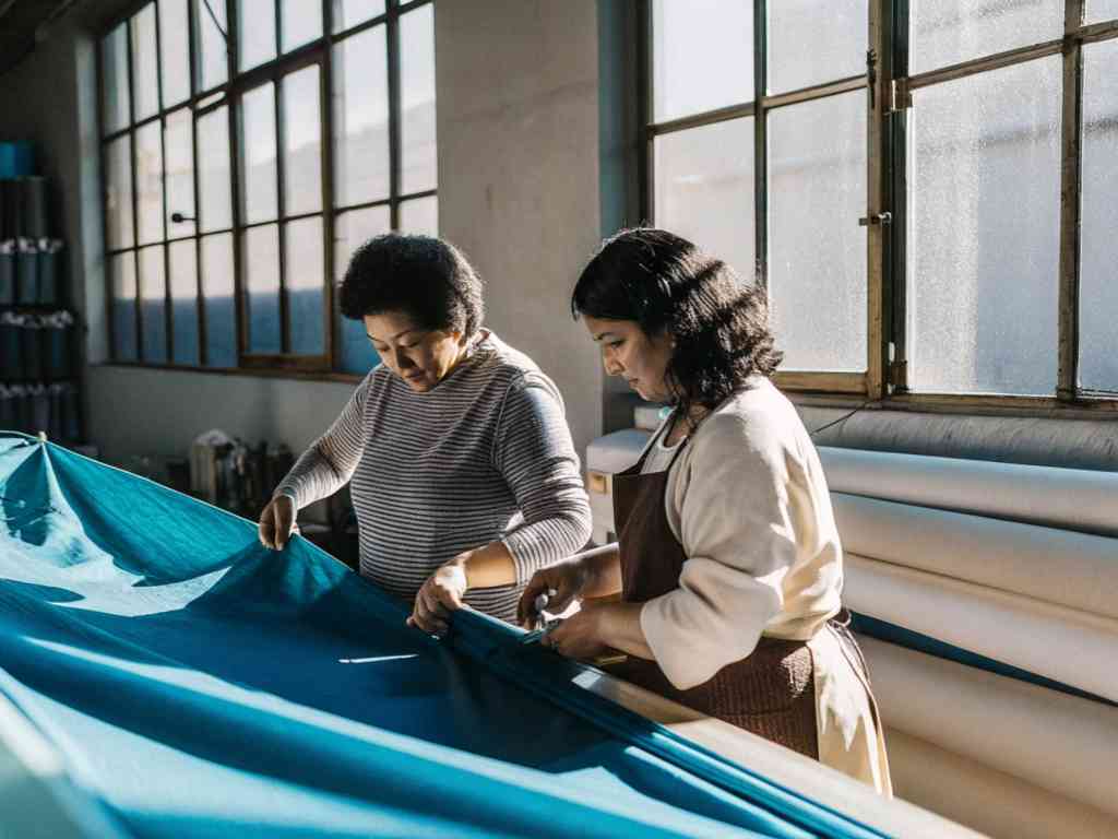 Two women examining blue fabric in sunlit textile workshop
