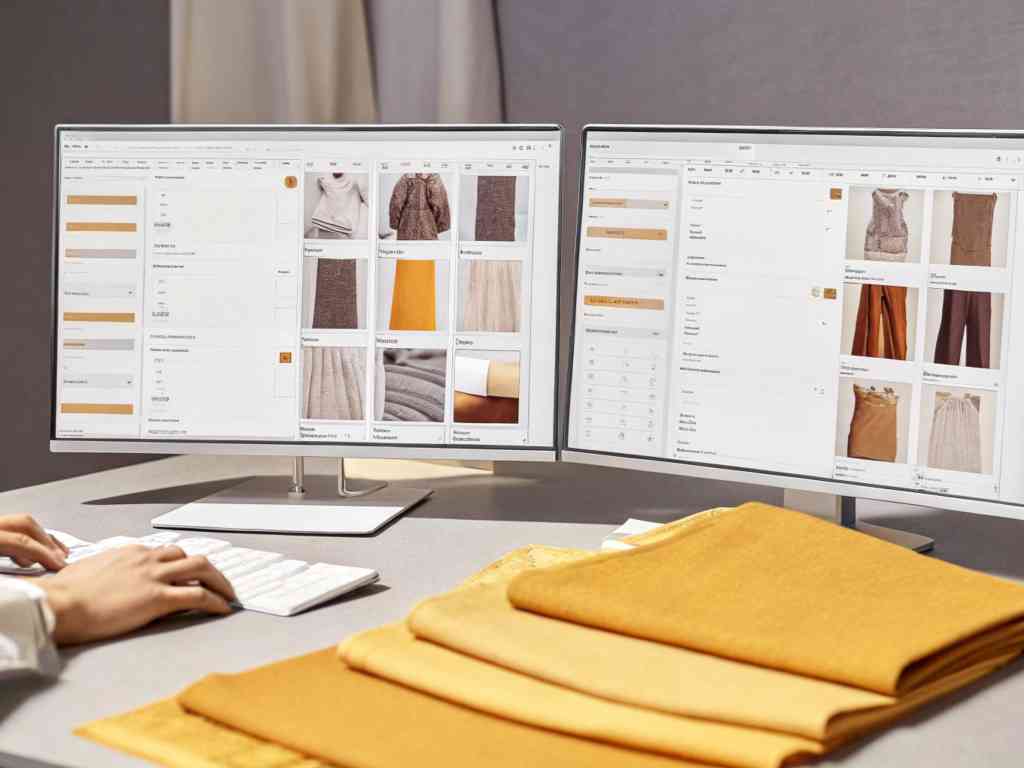 Professional browsing apparel and fabric designs on dual screens with yellow fabric samples on desk.