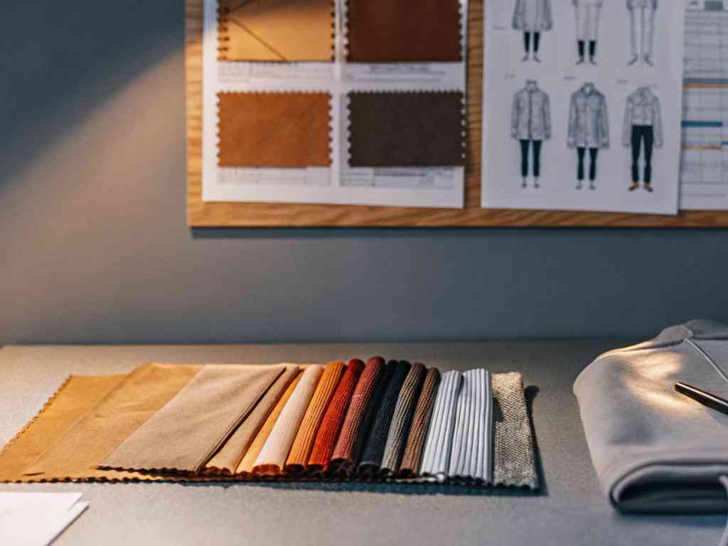 A selection of fabric swatches in earth tones arranged on a desk with design sketches on the wall.
