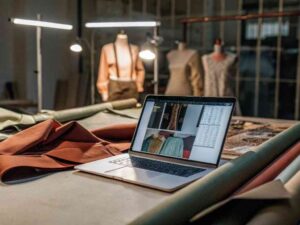 Fashion design software showing outfit images with fabric rolls in the studio.