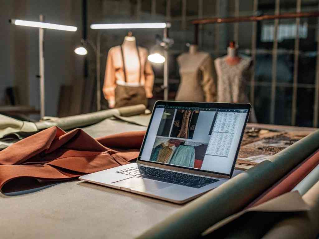 Fashion design software showing outfit images with fabric rolls in the studio.