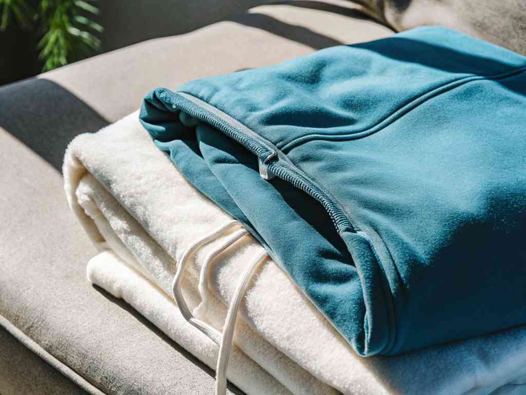Folded blue hoodie stacked on cream fleece fabric in sunlight