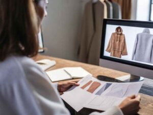 Designer reviewing digital garment mockups and swatch samples at workstation