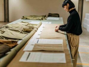 Woman preparing fabric patterns at a long workstation covered with textiles and templates.