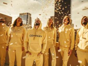 Team in yellow hoodies smiling with confetti on rooftop