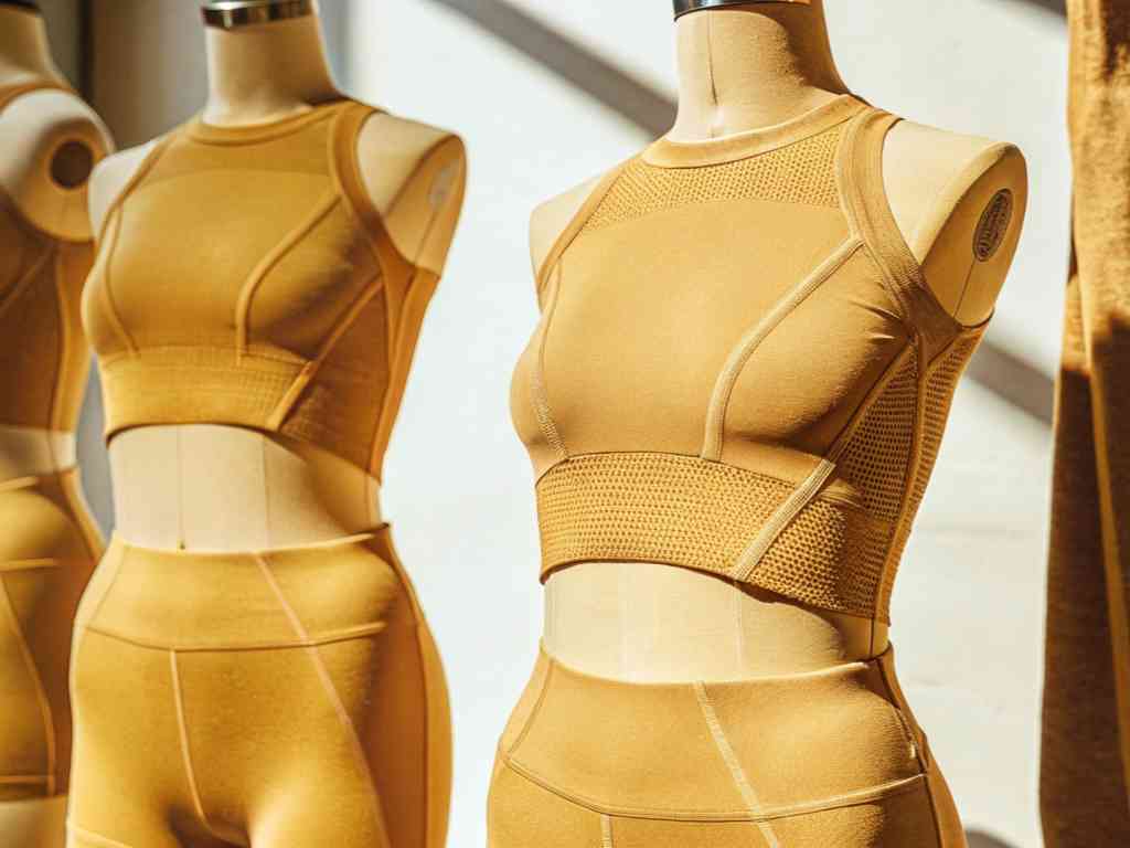 Golden yellow seamless activewear set on mannequins in natural light.