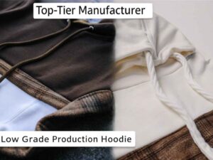 Split image comparing top-tier and low-grade hoodie materials and stitching
