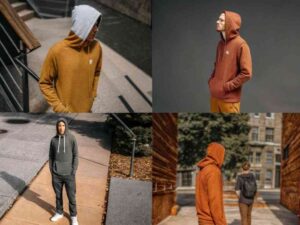 Four men modeling hoodies in urban and studio settings