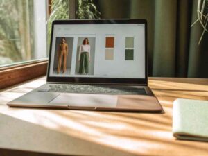 Laptop screen showing fashion e-commerce site with clothing and color options.