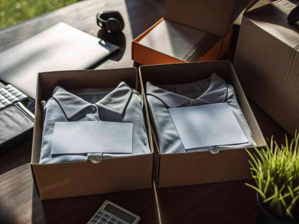 Two folded polo shirts in cardboard boxes on a desk with office tools nearby.