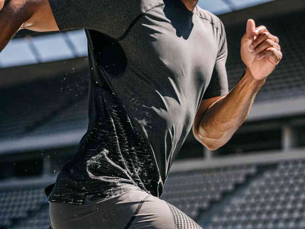 Runner in performance t-shirt mid-stride on stadium track