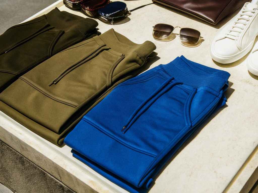Luxury joggers in blue and olive with sneakers and sunglasses.