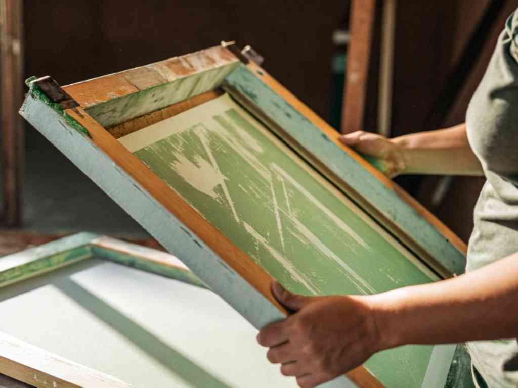 Person holding a wooden screen printing frame with green stencil design.