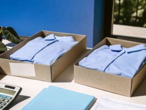 Light blue polo shirts boxed and arranged on a clean, sunlit workspace.