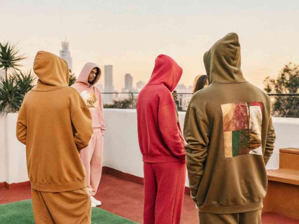 Group in colorful hoodies gathered on rooftop at sunset with city view.