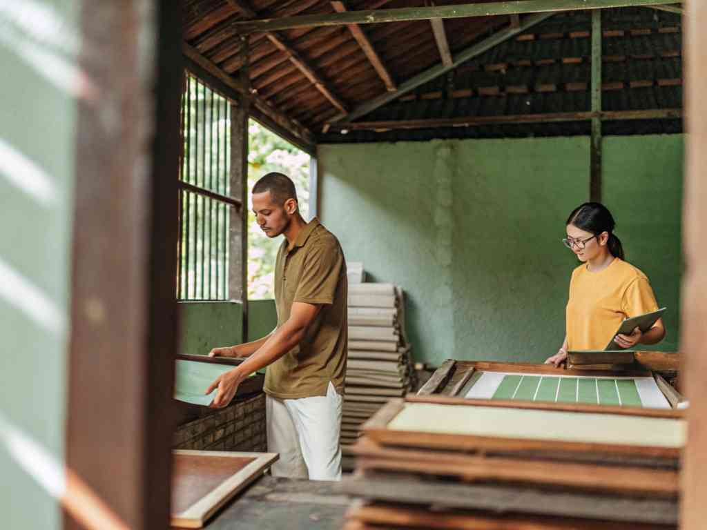 Two workers preparing green mesh frames in a sunlit workshop.