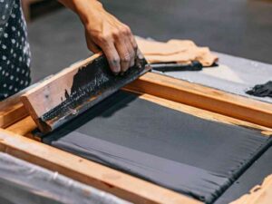 Close-up of screen printing black ink on fabric by hand.