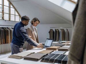 Two professionals reviewing fabric samples in a modern fashion showroom.