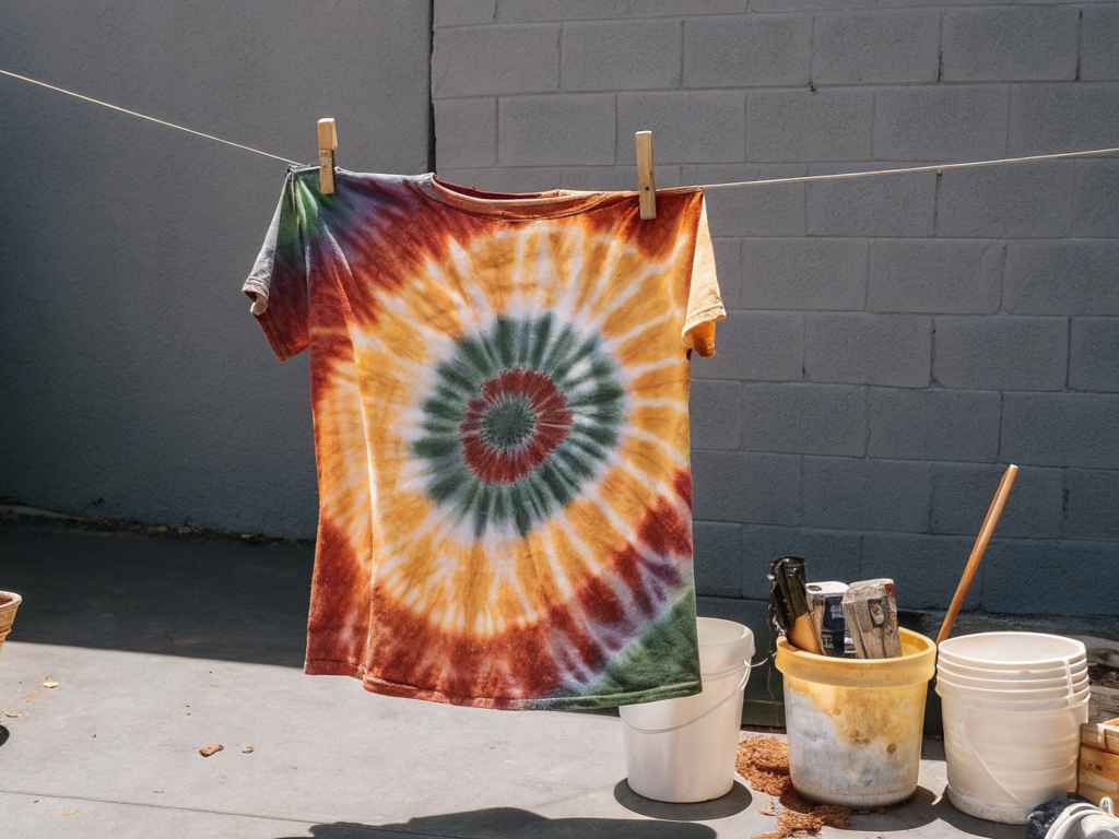 Spiral tie-dye t-shirt hanging on clothesline in sunlight.