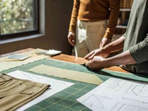 Fashion designers preparing garment pattern on cutting table