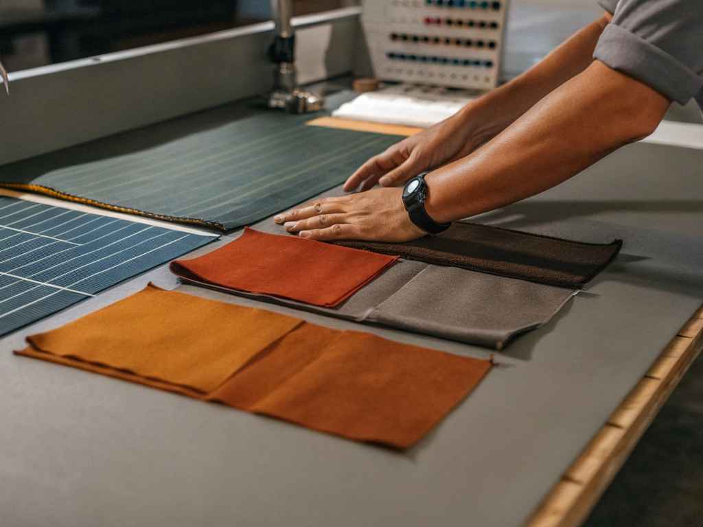 Fabric technician arranging fall color swatches on tech lab table
