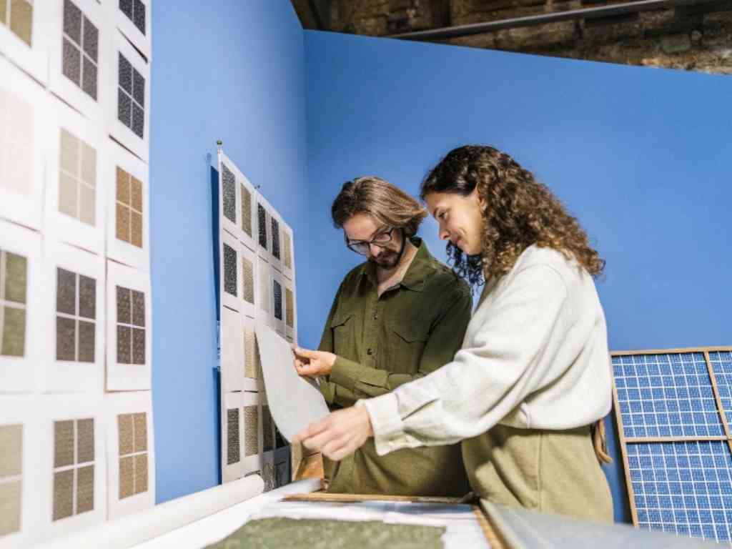 Two designers reviewing textile color swatches on a blue wall display.