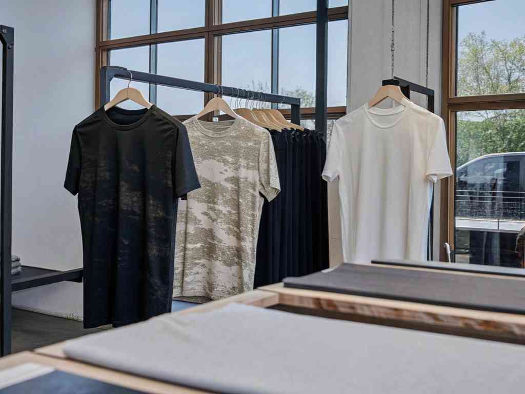 Three t-shirts on hangers in a clothing store with large windows