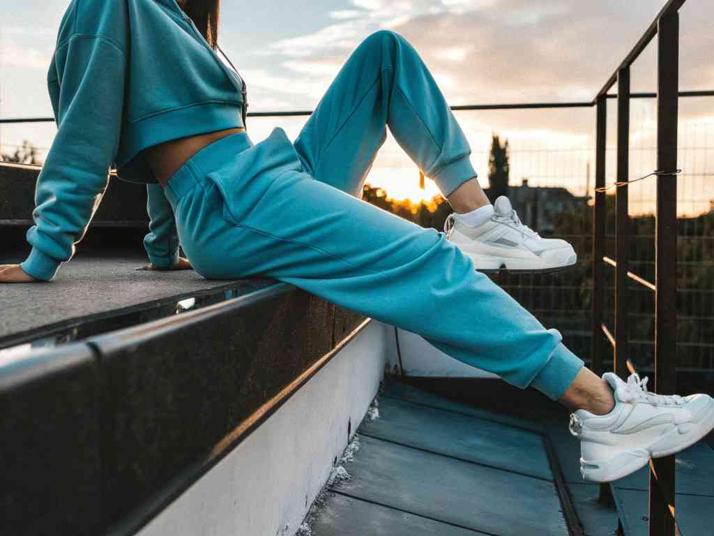 Close-up of woman in teal jogger set relaxing at sunset