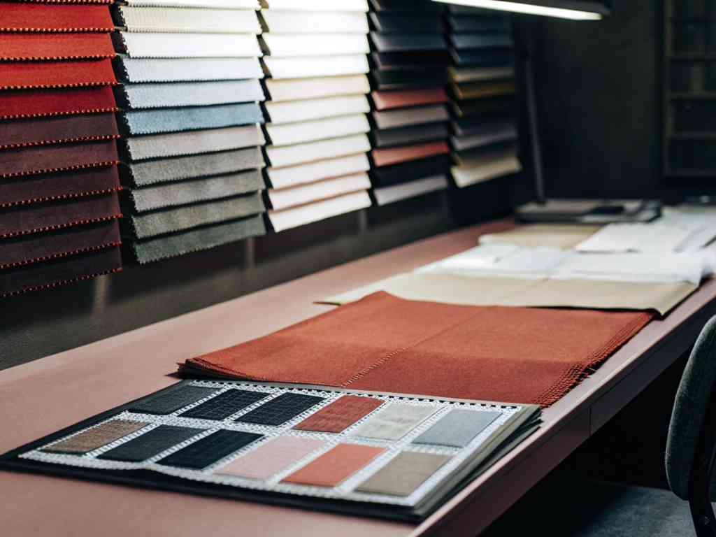 Fabric swatch books and textile samples laid out in design studio