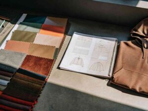 A variety of fabric swatches in vibrant colors alongside clothing design sketches and a brown hoodie.