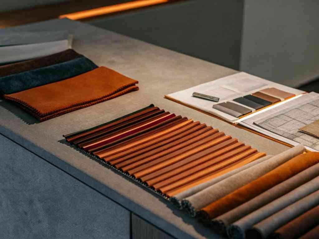 Various fabric swatches and rolls arranged on a table in a design studio.