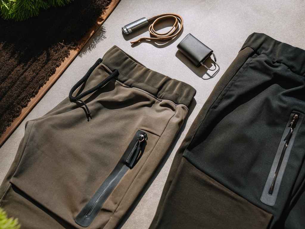 Black and olive joggers with minimalist accessories on flat lay.