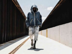 Model in oversized denim hoodie and cargo pants walking through industrial passage.