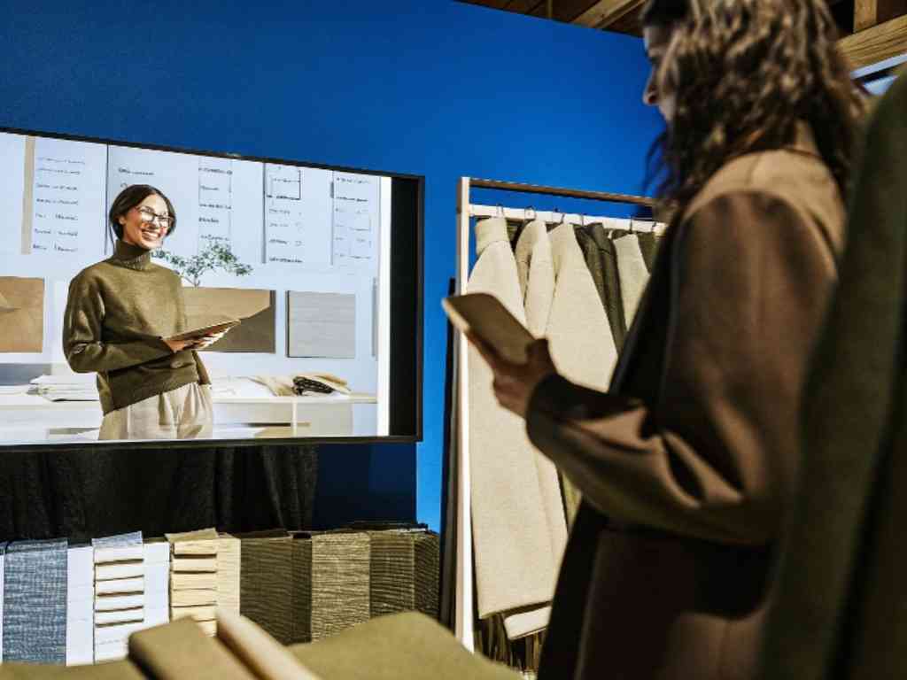 Fashion professional participating in a virtual showroom meeting with fabric samples and a clothing rack.